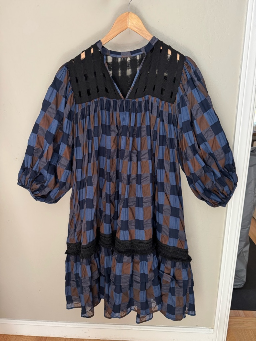 LOVE BINETTI Balloon Sleeve Blue and Brown Checkered Babydoll Dress Cotton M - Picture 16 of 16